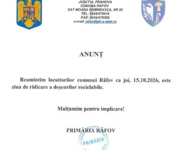 Primăria Râfov: Deșeurile reciclabile vor fi ridicate joi, 15 octombrie