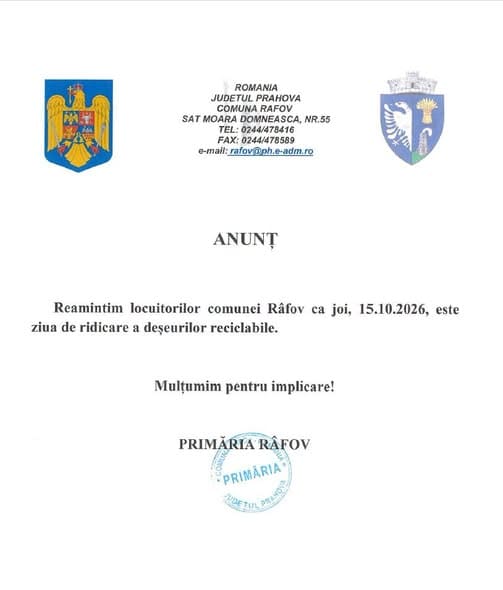 Primăria Râfov: Deșeurile reciclabile vor fi ridicate joi, 15 octombrie