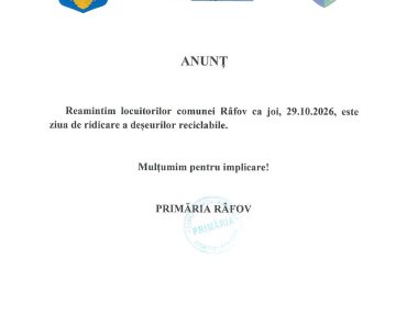 Primăria Râfov: Deșeurile vor fi ridicate joi, 29 octombrie