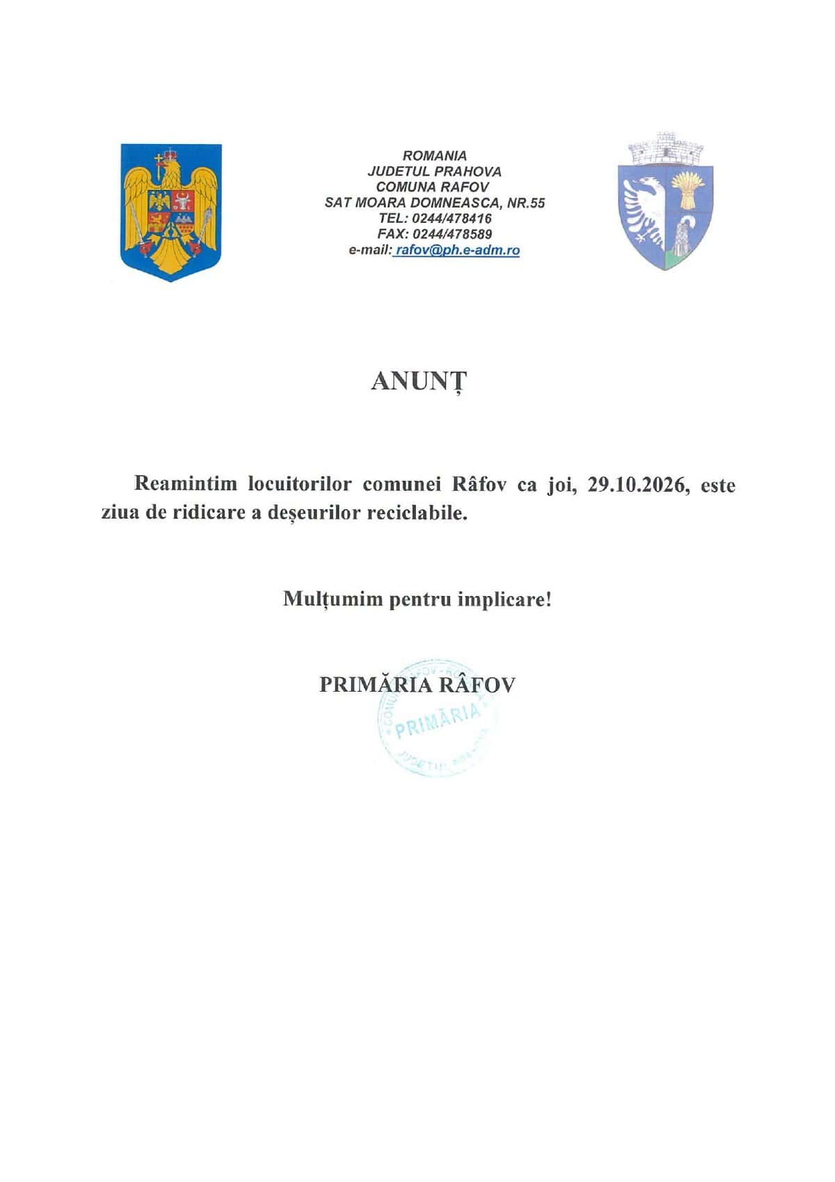 Primăria Râfov: Deșeurile vor fi ridicate joi, 29 octombrie