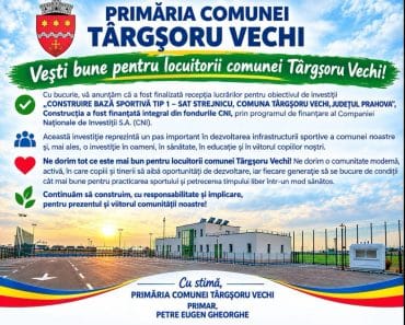 Primăria Târgșoru Vechi anunță finalizarea recepției bazei sportive Strejnicu